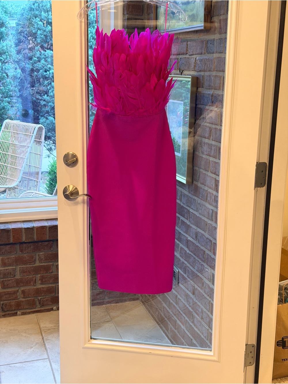Fashion Nova Hot Pink Feathered Strapless Sheath Dress